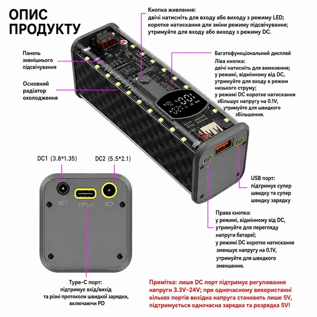 Корпус для складання Power Bank 65W на 8 акумуляторів 18650, підтримка заряджання ноутбуків, PD 3.1, USB, Type-C, DC 3.3-24V, дисплей, LED-підсвітка - изображение 2