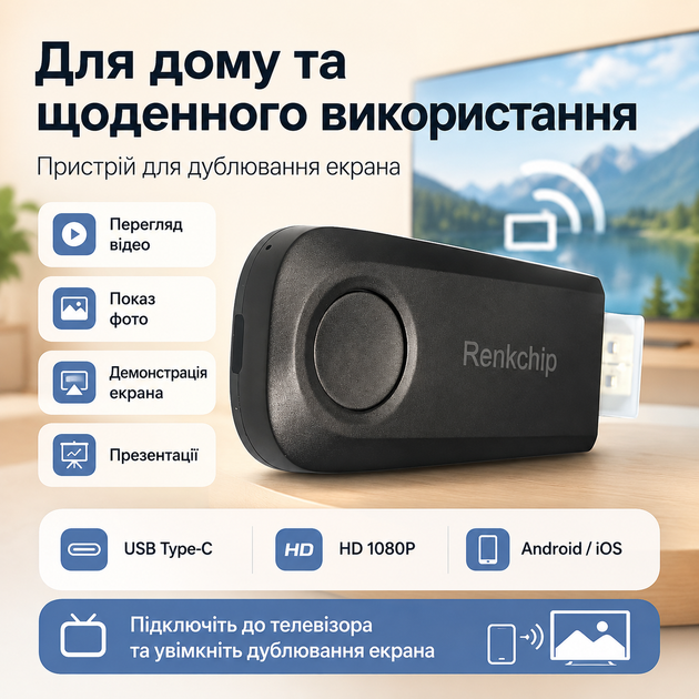 Пристрій для бездротової HD-проєкції екрана на телевізор - Фото 5 Пристрій для бездротової HD-проєкції екрана на телевізор - зображення 5