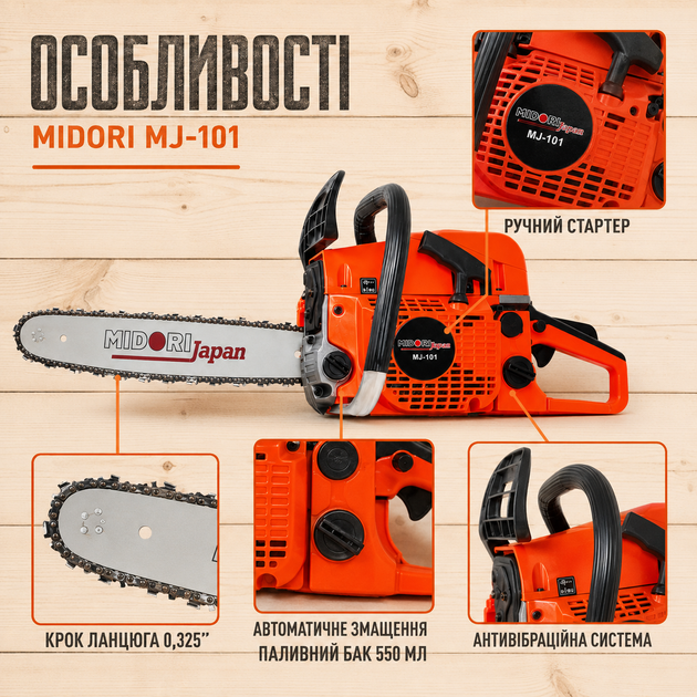 Профессиональная бензопила Midori MJ-101, 45 см, 3,9 л, 3800 Вт — цепная пила для обрезки веток, ухода за деревьями и садовых работ - изображение 4