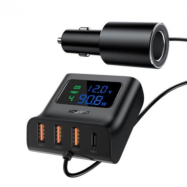 Автомобильное зарядное устройство для ACEFAST B8 Digital Display Car HUB Charger 2.4A, 90W, 4хUSB + Type-C Black (AFB8) - Фото 1 Автомобильное зарядное устройство для ACEFAST B8 Digital Display Car HUB Charger 2.4A, 90W, 4хUSB + Type-C Black (AFB8) - изображение 1