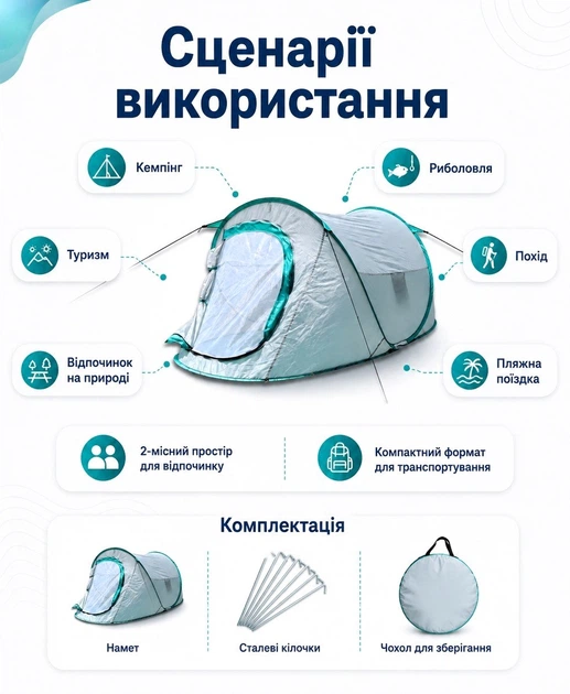 Палатка автоматична двомісна туристична для рибалки кемпінгу відпочинку походна швидкозбірна водонепроникна з тамбуром - Фото 5 Палатка автоматична двомісна туристична для рибалки кемпінгу відпочинку походна швидкозбірна водонепроникна з тамбуром - зображення 5
