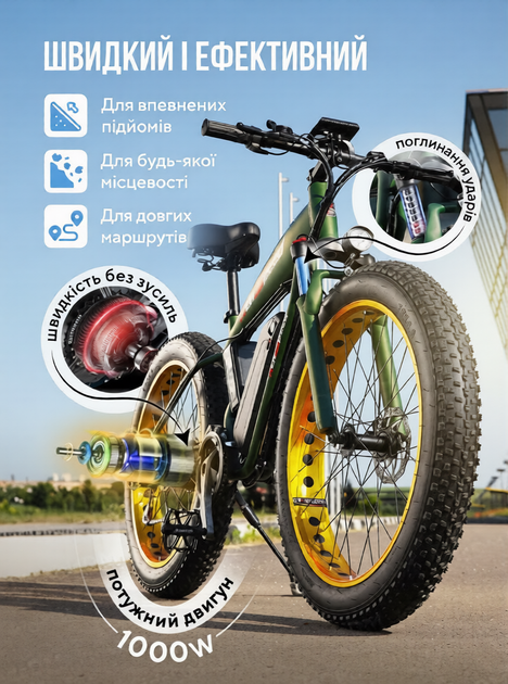 Электро велосипед мощный электрофетбайк fatbike 1000w 48v 17Ah фетбайк электровелик с большими широкими колесами для взрослых фет байк большой на широких колесах велосипеды фетбайки New Speed Хаки матовый 73473 - изображение 3
