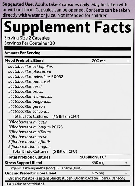 Пробіотик Garden of Life Dr. Formulated Probiotics Mood+ для травлення та підтримки настрою, 50 млрд КУО, ашваганда, 60 капсул, США - изображение 2