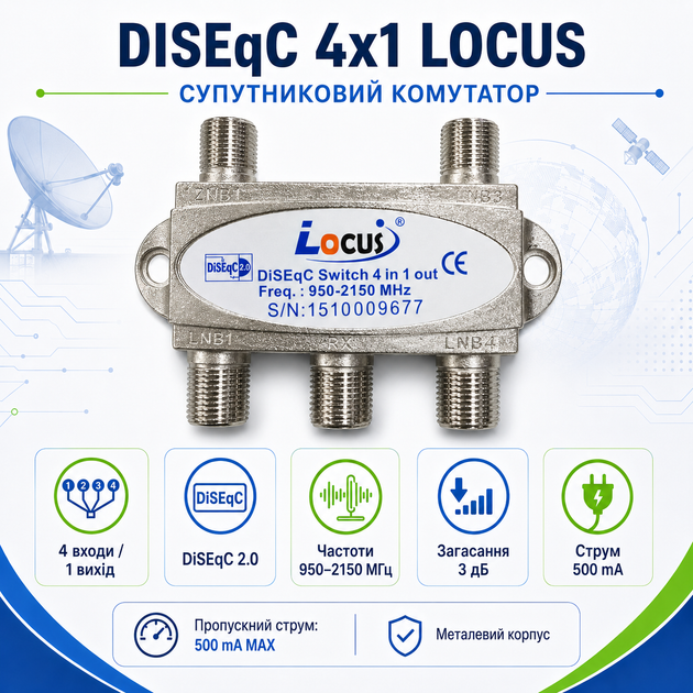 Супутниковий комутатор DiSEqC 4x1 LOCUS - Фото 1 Супутниковий комутатор DiSEqC 4x1 LOCUS - зображення 1
