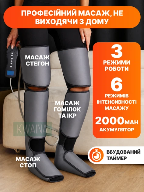 Массажер для ног компрессионный, лимфодренажные сапоги для прессотерапии, беспроводной, аккумулятор 2000 мАч, серый - изображение 3