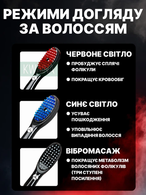 Світлодіодна щітка-масажер для шкіри голови з вібрацією, LED-терапією, нанорозпиленням, LED-діоди червоні та сині, чорна - зображення 3
