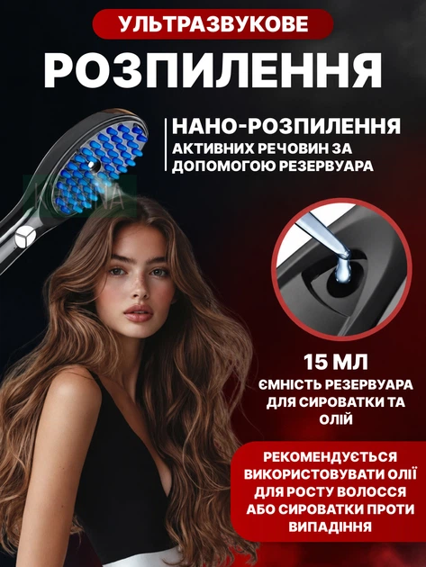Світлодіодна щітка-масажер для шкіри голови з вібрацією, LED-терапією, нанорозпиленням, LED-діоди червоні та сині, чорна - зображення 6