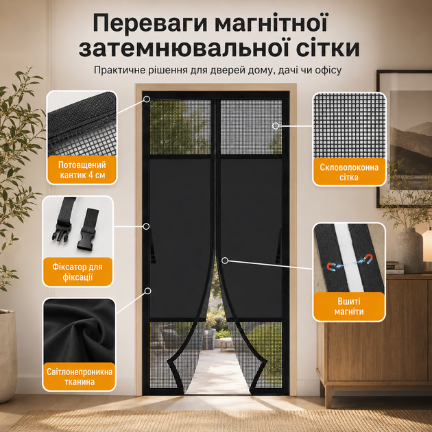 Магнітна затемнювальна москітна сітка на двері з вшитими магнітами 80 x 220 см - изображение 6