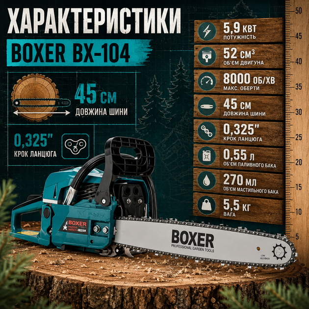 Бензиновая пила Boxer BX-104, цепная пила для обрезки веток, ухода за деревьями и садовых работ - изображение 5