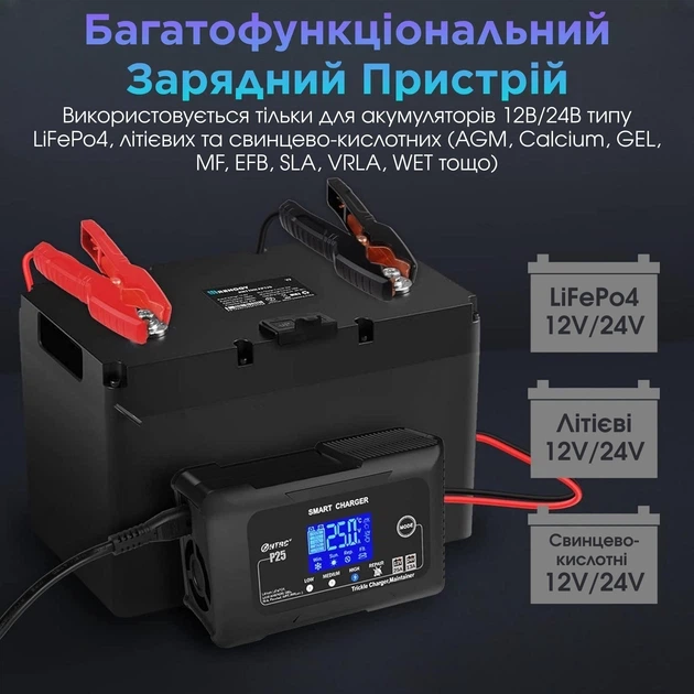 Автоматическое автомобильное зарядное устройство HTRC P25 Импульсное, функция ремонта Repair, десульфатор 12V 25A-24V 13A LiFePO4, AGM, GEL, EFB, WET (19525) - изображение 5