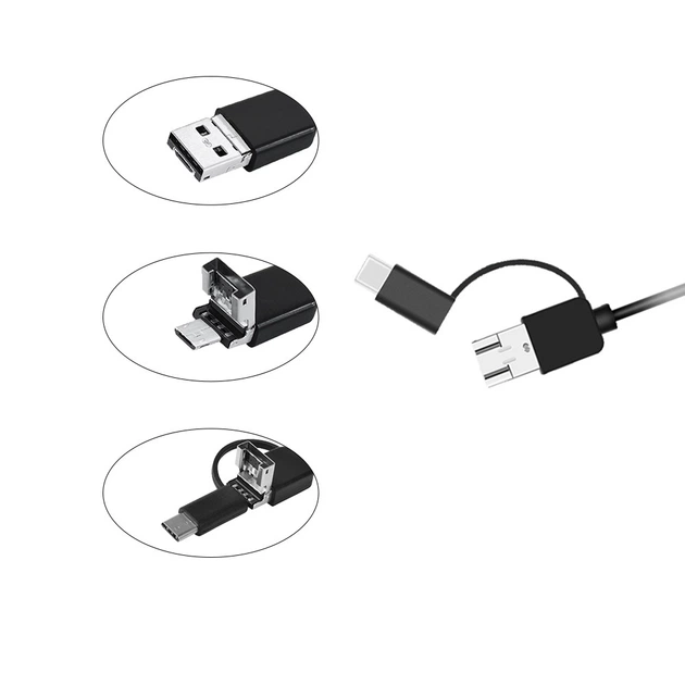 Жорсткий ендоскоп-бороскоп 2 метри 3в1 (USB-A, Micro-USB, USB-C), гнучка камера на жорсткому дроті 480p для Android/ПК/смартфона - Фото 4 Жорсткий ендоскоп-бороскоп 2 метри 3в1 (USB-A, Micro-USB, USB-C), гнучка камера на жорсткому дроті 480p для Android/ПК/смартфона - зображення 4