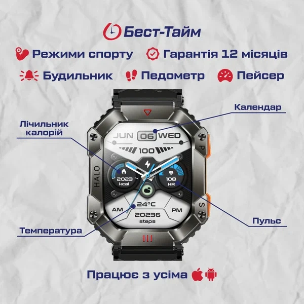Розумний годинник Smart Racer K+ з компасом AMOLED 45х40х14 мм чорний - зображення 5