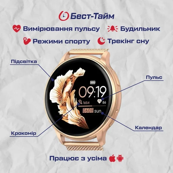 Умные часы Smart Melisia Gold Rubber 1.33" TFT металлический золотистый розовый ремешок 44 мм - Фото 5 Умные часы Smart Melisia Gold Rubber 1.33" TFT металлический золотистый розовый ремешок 44 мм - изображение 5