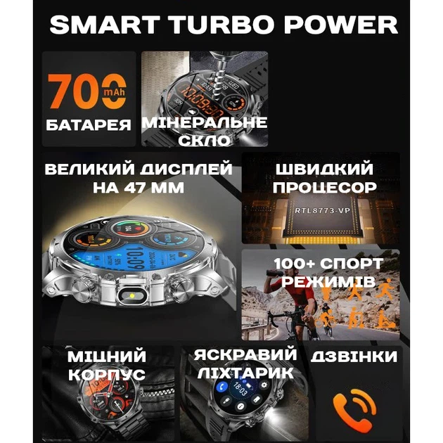 Умные часы Smart Turbo Power IPS 416x416 сенсорные сталь 24,8 см каучуковые черные - Фото 7 Умные часы Smart Turbo Power IPS 416x416 сенсорные сталь 24,8 см каучуковые черные - изображение 7