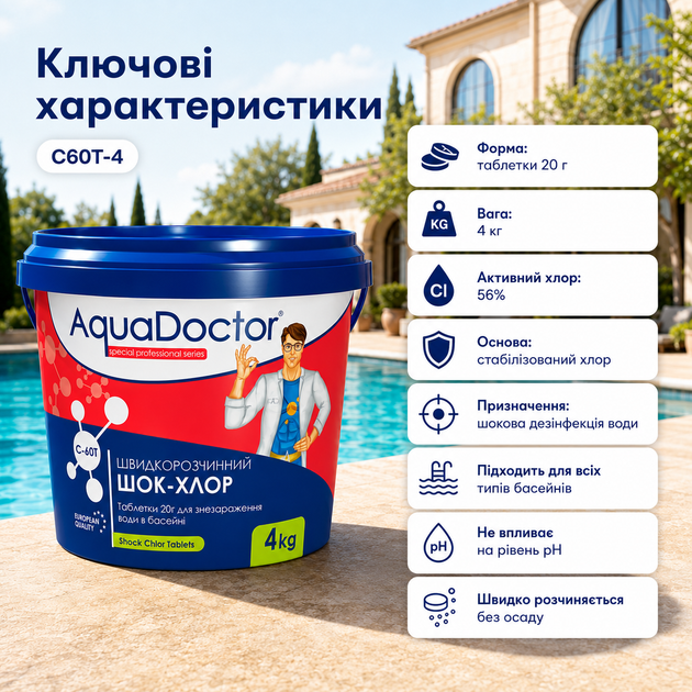 Швидкорозчинний шок-хлор для дезінфекції басейну AquaDoctor таблетки 4 кг по 20 грамів. - изображение 3