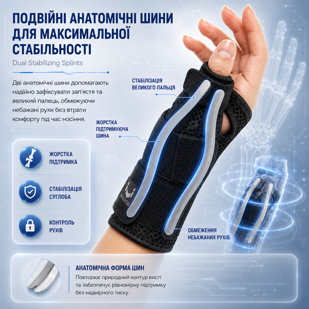 Фиксатор большого пальца Vilico 044 ортез для большого пальца и запястья с шинами, регулируемый, черный, 1 шт. - Фото 3 Фиксатор большого пальца Vilico 044 ортез для большого пальца и запястья с шинами, регулируемый, черный, 1 шт. - изображение 3