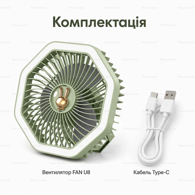 Компактный портативный настольный аккумуляторный вентилятор USB Type-C с LED-подсветкой и регулировкой скорости для дома офиса спальни и путешествий Зеленый - изображение 2