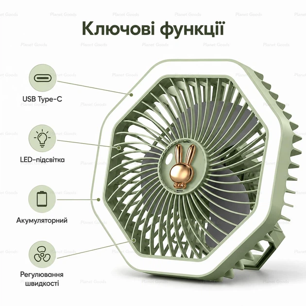 Компактный портативный настольный аккумуляторный вентилятор USB Type-C с LED-подсветкой и регулировкой скорости для дома офиса спальни и путешествий Зеленый - изображение 3