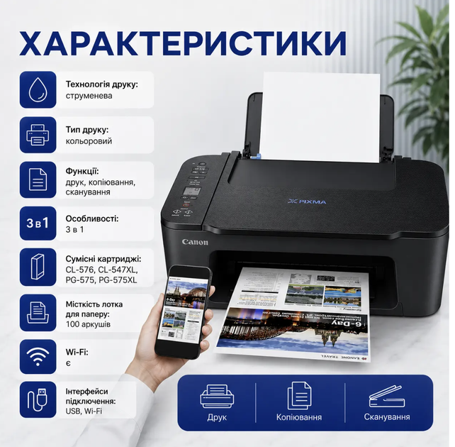 БФП Canon PIXMA TS3750i 3 в 1 з Wi-Fi та USB, кольоровий струменевий пристрій для друку, копіювання і сканування документів та фото - зображення 4