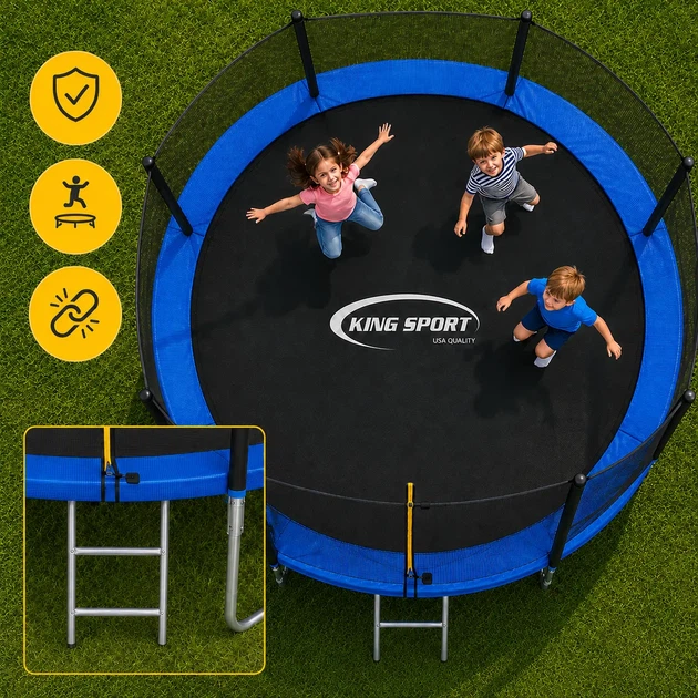 Батут King Sport 435 см 14 FT просторное и надежное игровое пространство для детей и взрослых - с лестницей, наружная сетка - изображение 6