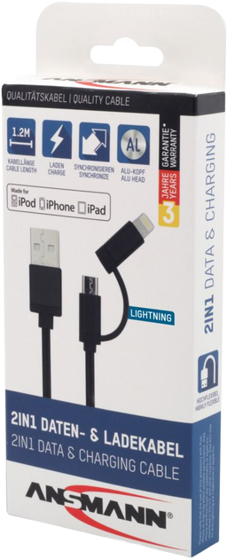 Кабель Ansmann 2in1 USB Type-A to Lightning/Micro-USB 1.2 м Black (1700-0136) - зображення 5