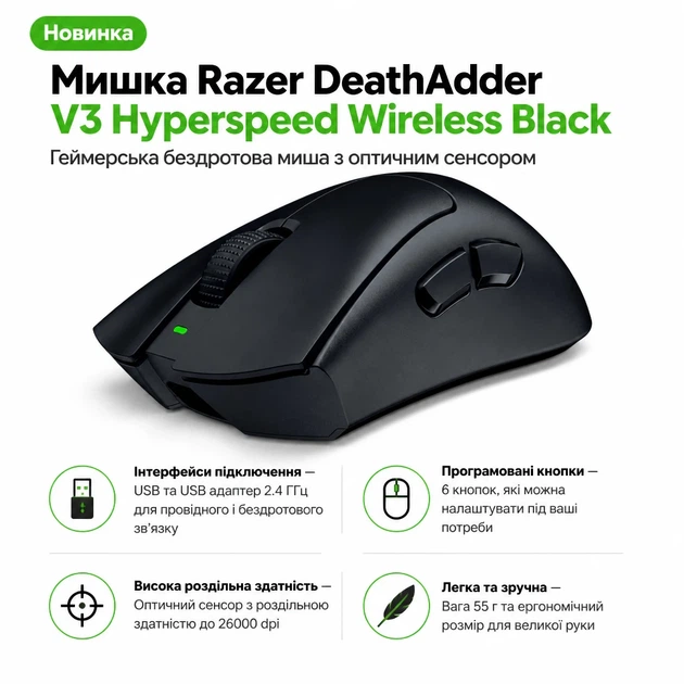 Мишка Razer DeathAdder V3 Hyperspeed Wireless Black (RZ01-05140100-R3G1) - Фото 1 Мишка Razer DeathAdder V3 Hyperspeed Wireless Black (RZ01-05140100-R3G1) - изображение 1
