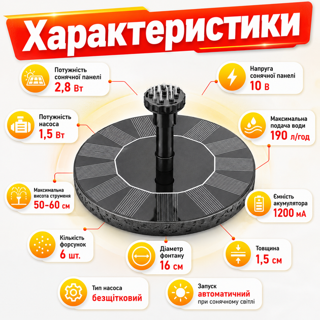 Декоративный фонтан для сада Solar Fountain с солнечной панелью 2,8 Вт, аккумулятором 1200 мА, 6 насадками и автоматическим запуском, плавающий фонтан для пруда, бассейна и декоративного водоема черный 16 см - изображение 3