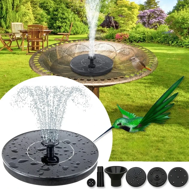 Декоративный фонтан для сада Solar Fountain с солнечной панелью 2,8 Вт, аккумулятором 1200 мА, 6 насадками и автоматическим запуском, плавающий фонтан для пруда, бассейна и декоративного водоема черный 16 см - изображение 6