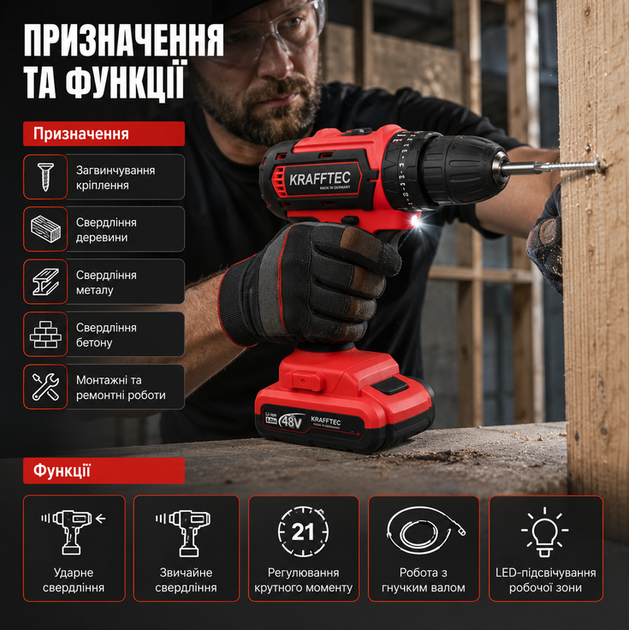 Аккумуляторный шуруповерт ударный Krafftec GCT220 48V 6Ah с двумя аккумуляторами набором инструментов гибким валом и кейсом - изображение 3