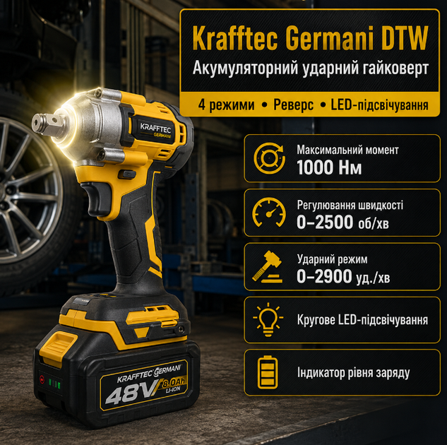 Аккумуляторный ударный гайковерт Krafftec Germani DTW 1000 Нм 48V 8Ah бесщеточный с двумя аккумуляторами набором инструментов и кейсом желтый - изображение 4