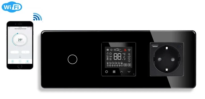 Терморегулятор ELIOS с проходным сенсорным выключателем и розеткой USB A+C черное закаленное стекло - изображение 2
