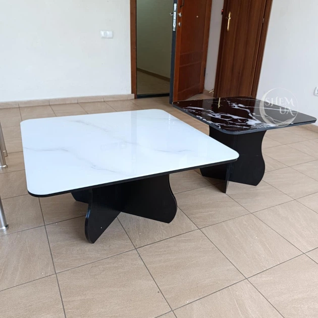 Столы кофейные 2в1 комплект квадратные со стеклянными столешницами под мрамор, журнальные столики из закалённого стекла и ЛДСП для гостиной, спальни, кабинета и офиса Чёрный/Белый мрамор, YM-181-White/Black - изображение 11
