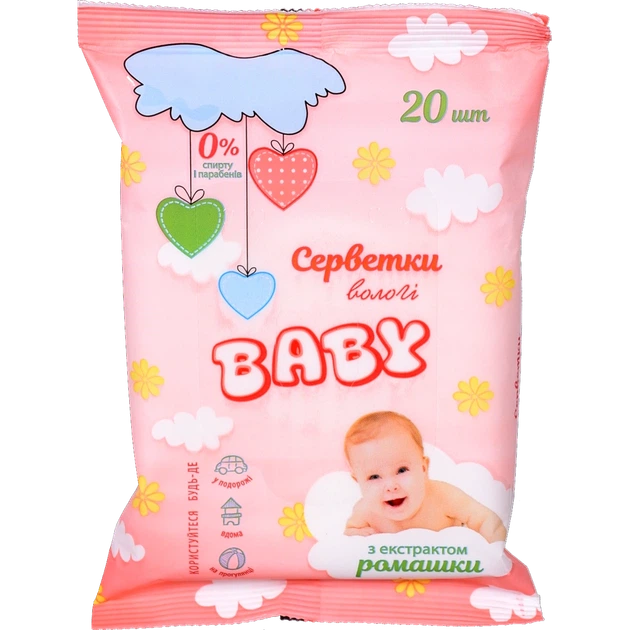 Серветки вологі для дітей BABY 20 шт. з ромашкою - Фото 1 Серветки вологі для дітей BABY 20 шт. з ромашкою - изображение 1