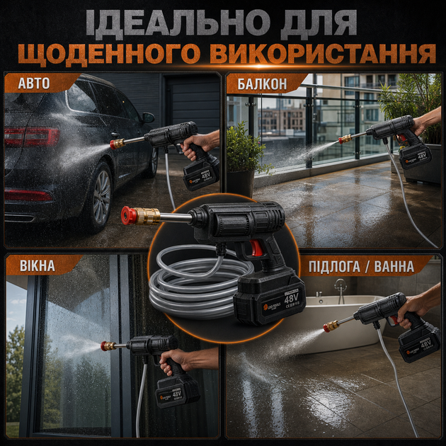 Портативная аккумуляторная мойка 48 В, аппарат высокого давления 60 бар для автомобиля, окон, плитки и двора, 2 аккумулятора по 5 Ач, шланг 5 м, чемодан - изображение 6