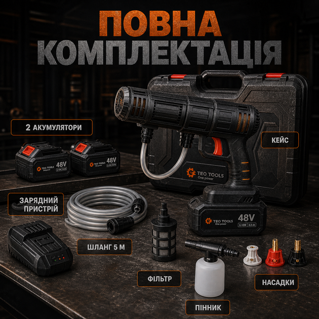 Портативная аккумуляторная мойка 48 В, аппарат высокого давления 60 бар для автомобиля, окон, плитки и двора, 2 аккумулятора по 5 Ач, шланг 5 м, чемодан - изображение 8