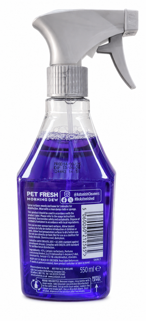 Дезінфікуючий очищувач без хлору Astonish Pet Fresh Morning Dew для твердих поверхонь 550 мл - Фото 3 Дезінфікуючий очищувач без хлору Astonish Pet Fresh Morning Dew для твердих поверхонь 550 мл - зображення 3