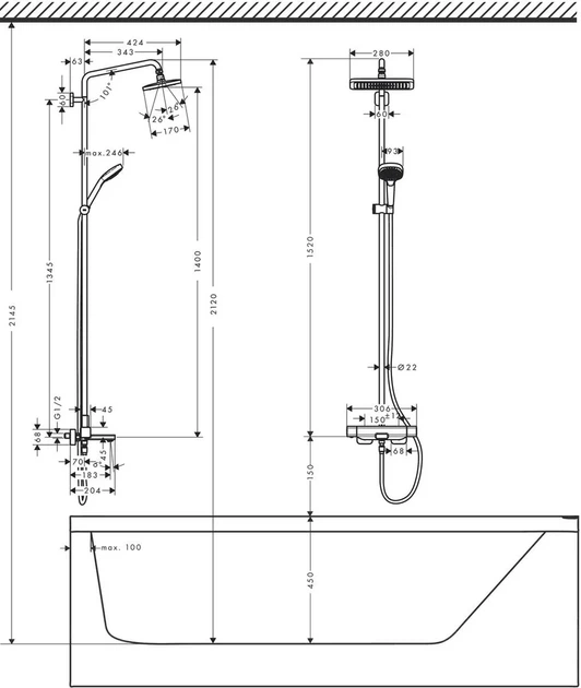 Душевая система Hansgrohe E Showerpipe 280 1jet для ванны, хром (27687000) - изображение 5