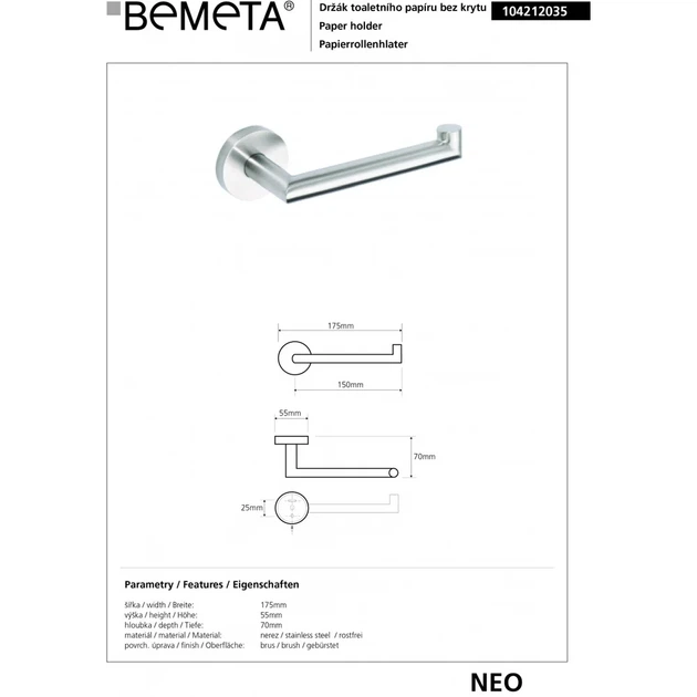 104212035 NEO: тримач туалетного паперу Bemeta Чехія - изображение 2