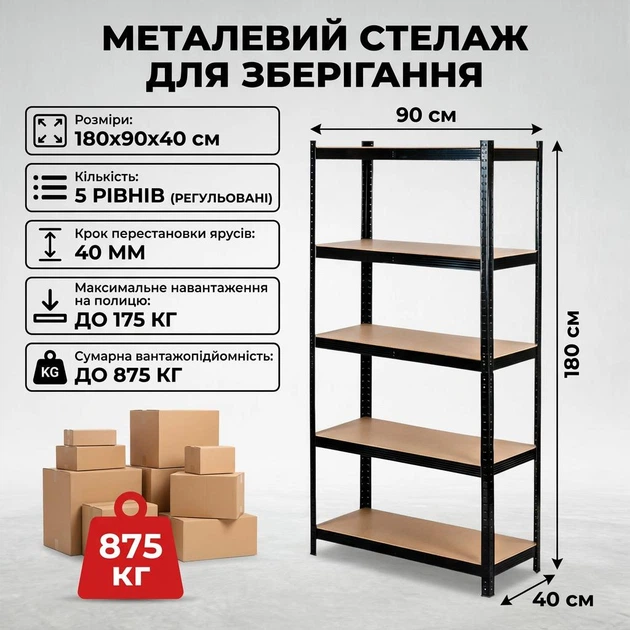 Металевий стелаж для зберігання на 5 полиць до 875 кг 180х90х40 см - Фото 1 Металевий стелаж для зберігання на 5 полиць до 875 кг 180х90х40 см - зображення 1
