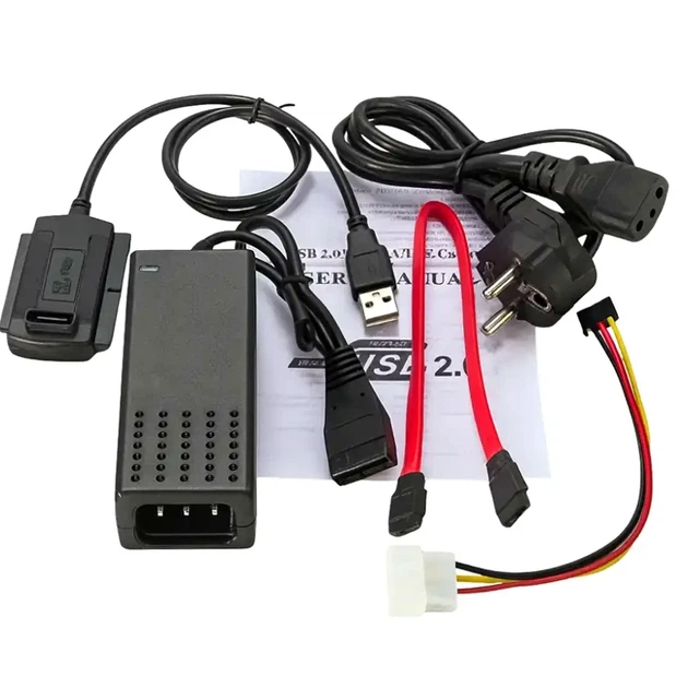 Адаптер USB 2.0 SATA IDE для HDD SSD 2.5 3.5 с блоком питания 12V черный комплект кабелей - изображение 3