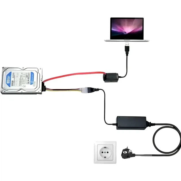 Адаптер USB 2.0 SATA IDE для HDD SSD 2.5 3.5 с блоком питания 12V черный комплект кабелей - изображение 4