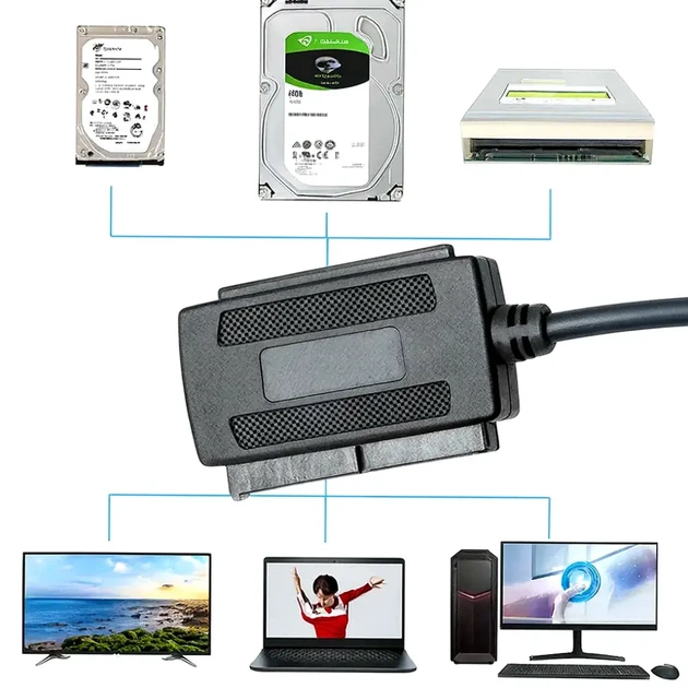 Адаптер USB 2.0 SATA IDE для HDD SSD 2.5 3.5 с блоком питания 12V черный комплект кабелей - изображение 6