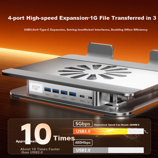 Охолоджувальна підставка для ноутбука Jichuan 360° з USB-хабом 4xUSB 3.0 + Type-C Aluminum - зображення 4