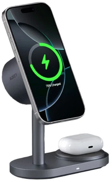 Бездротовий зарядний пристрій AUKEY MagFusion 2X 2-in-1 25W Grey (LC-MC213) - Фото 1 Бездротовий зарядний пристрій AUKEY MagFusion 2X 2-in-1 25W Grey (LC-MC213) - зображення 1