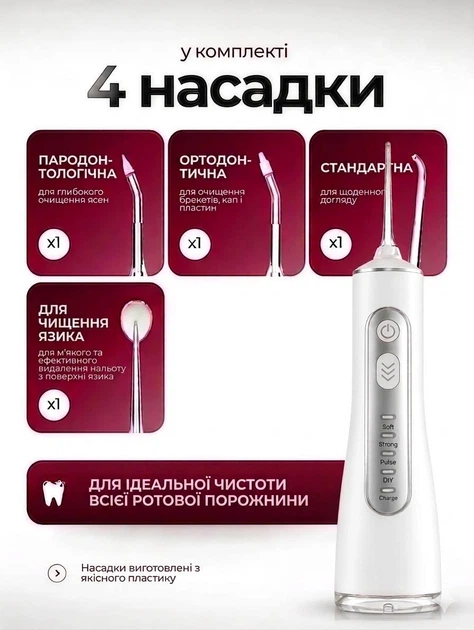 Ирригатор портативный для полости рта и чистки зубов промывки брекетов аккумуляторный с 5 режимами мощный беспроводной с 4 насадками водонепроницаемый IPX7 белый - изображение 2