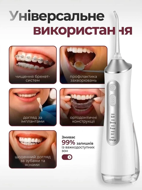 Ирригатор портативный для полости рта и чистки зубов промывки брекетов аккумуляторный с 5 режимами мощный беспроводной с 4 насадками водонепроницаемый IPX7 белый - изображение 9