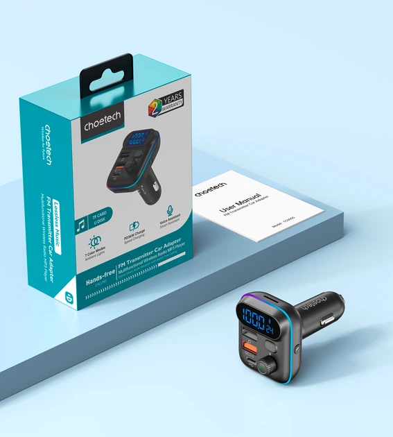 FM-трансмітер CHOETECH ZapUp 20W Bluetooth 5.3 USB-A QC3.0/USB-C PD Black (TC0050-BK) - зображення 9