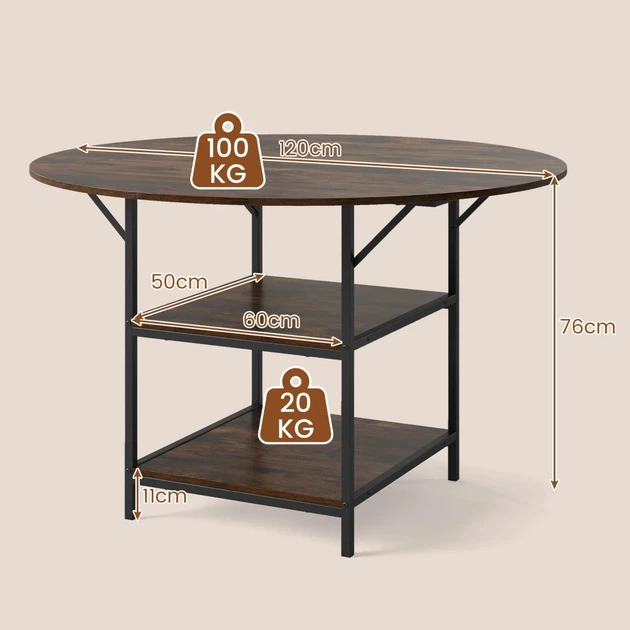 Круглый кухонный стол с 2 открытыми полками, Ø120×76 см, цвет: коричневый Costway - Фото 2 Круглый кухонный стол с 2 открытыми полками, Ø120×76 см, цвет: коричневый Costway - изображение 2