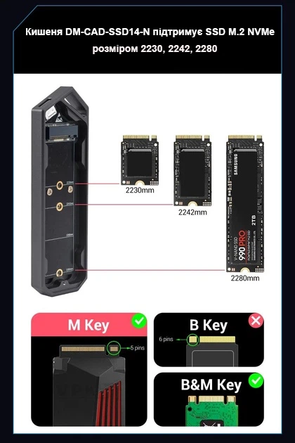 Зовнішня кишеня Dynamode для M.2 SSD NVMe (PCIe) - USB3.2 GEN2 Type-C, 10 Гбіт/с, металевий корпус, RGB-підсвітка Темно-сіра (DM-CAD-SSD14-N) - зображення 7