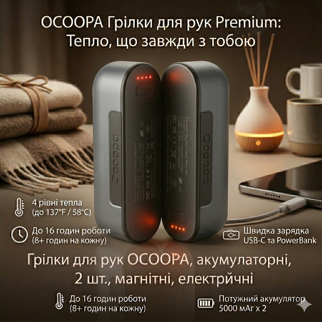 Магнитные грелки для рук OCOOPA MagTwins UT2s 2-в-1, Power Bank 10000 мАч (2×5000 мАч), 4 режима нагрева до 58°C, USB-C, Grey - изображение 3
